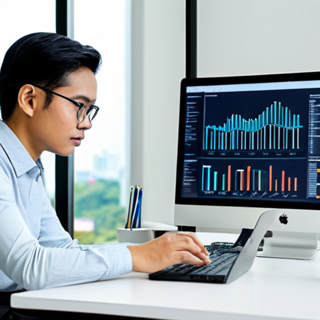 A focused Malaysian product designer, gender-neutral, sitting at a desk in a modern, well-lit office in Kuala Lumpur. They are actively engaged in analyzing complex UI/UX data visualizations and user research graphs on large digital screens. Fully clothed in professional business attire, appropriate attire, modest clothing, safe for work, appropriate content, perfect anatomy, correct proportions, natural pose, well-formed hands, proper finger count, natural body proportions, professional photography, high quality.