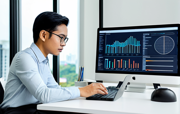 A focused Malaysian product designer, gender-neutral, sitting at a desk in a modern, well-lit office in Kuala Lumpur. They are actively engaged in analyzing complex UI/UX data visualizations and user research graphs on large digital screens. Fully clothed in professional business attire, appropriate attire, modest clothing, safe for work, appropriate content, perfect anatomy, correct proportions, natural pose, well-formed hands, proper finger count, natural body proportions, professional photography, high quality.