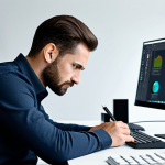 A focused male product designer in his late 20s or early 30s, dressed in smart, modest professional attire, fully clothed, appropriate attire. He is seated at a modern, ergonomic desk in a minimalist design studio, surrounded by sleek monitors displaying intricate 3D models and CAD software interfaces. The background includes neatly organized design tools and shelves with prototype models. He has a natural, engaged pose, one hand resting near a mouse or stylus, with a look of thoughtful problem-solving on his face. Perfect anatomy, correct proportions, well-formed hands, proper finger count, natural body proportions. The mood reflects intense concentration, determination, and calm resilience. Professional photography, high-resolution, ultra-detailed, photorealistic, cinematic light, safe for work, appropriate content, professional dress, high quality.