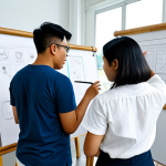 A group of professional Malaysian product designers, diverse and fully clothed in appropriate, modest attire, engaged in a collaborative brainstorming session in a bright, modern design studio. They are sketching ideas on whiteboards, examining samples of sustainable local materials like bamboo and coconut fiber, and discussing user needs. The atmosphere is innovative and focused, with natural light streaming in. Perfect anatomy, correct proportions, natural pose, well-formed hands, proper finger count, professional photography, high quality, safe for work, appropriate content, family-friendly.