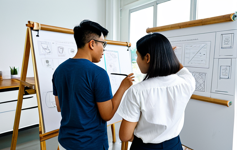 A group of professional Malaysian product designers, diverse and fully clothed in appropriate, modest attire, engaged in a collaborative brainstorming session in a bright, modern design studio. They are sketching ideas on whiteboards, examining samples of sustainable local materials like bamboo and coconut fiber, and discussing user needs. The atmosphere is innovative and focused, with natural light streaming in. Perfect anatomy, correct proportions, natural pose, well-formed hands, proper finger count, professional photography, high quality, safe for work, appropriate content, family-friendly.