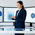 A professional product designer, fully clothed in modern, modest business casual attire, standing confidently in a bright, futuristic design studio. The studio features sleek white surfaces, large transparent screens displaying complex AI generative design iterations and data visualizations. On a workbench, a sustainable, modular product prototype is visible, with hints of recycled materials. The designer is interacting with a holographic interface, demonstrating an intuitive workflow. The atmosphere is innovative and forward-thinking. Perfect anatomy, correct proportions, natural pose, well-formed hands, proper finger count, natural body proportions, professional photography, high quality, safe for work, appropriate content, fully clothed, professional, modest clothing.