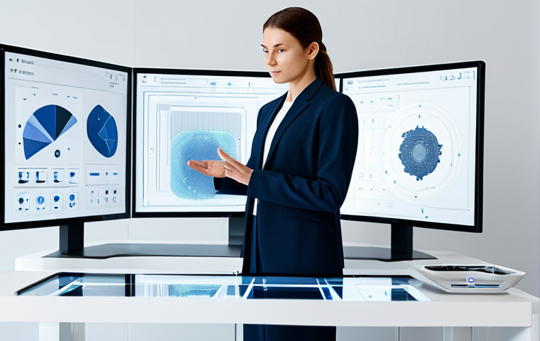 A professional product designer, fully clothed in modern, modest business casual attire, standing confidently in a bright, futuristic design studio. The studio features sleek white surfaces, large transparent screens displaying complex AI generative design iterations and data visualizations. On a workbench, a sustainable, modular product prototype is visible, with hints of recycled materials. The designer is interacting with a holographic interface, demonstrating an intuitive workflow. The atmosphere is innovative and forward-thinking. Perfect anatomy, correct proportions, natural pose, well-formed hands, proper finger count, natural body proportions, professional photography, high quality, safe for work, appropriate content, fully clothed, professional, modest clothing.
