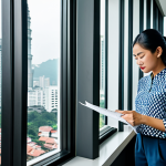 A Malaysian architect in a modern, light-filled office, reviewing blueprints. She is wearing a stylish batik blouse and modest trousers. The office has large windows overlooking Kuala Lumpur. Safe for work, appropriate content, fully clothed, professional, perfect anatomy, natural proportions, high quality.