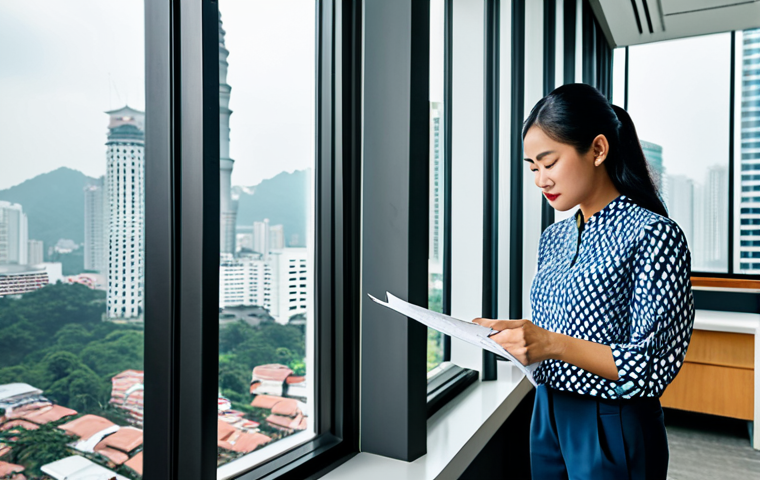 A Malaysian architect in a modern, light-filled office, reviewing blueprints. She is wearing a stylish batik blouse and modest trousers. The office has large windows overlooking Kuala Lumpur. Safe for work, appropriate content, fully clothed, professional, perfect anatomy, natural proportions, high quality.